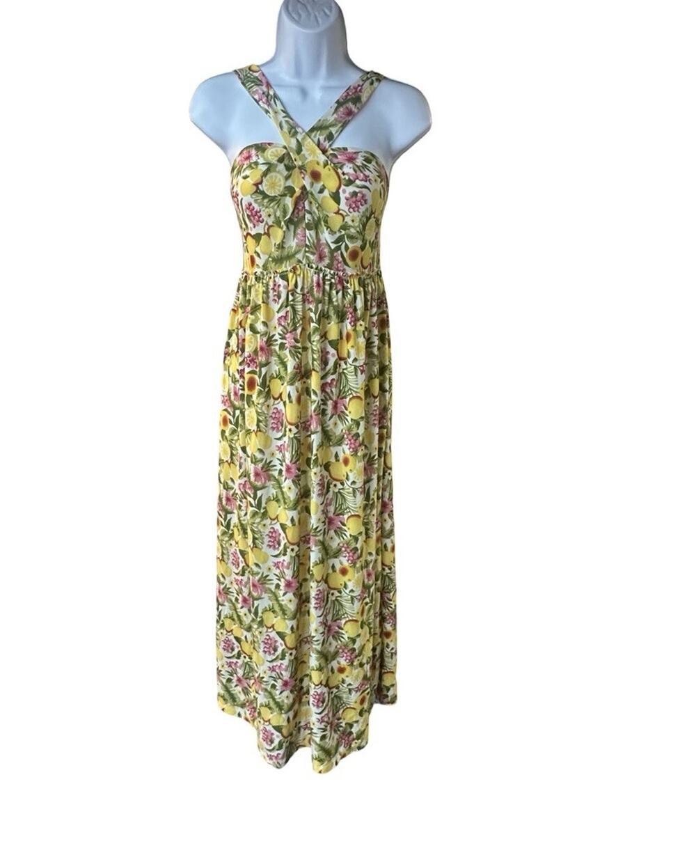 LOALDE Women’s Lemon Floral Halter Maxi Dress Size 8 Smocked Back Tropical